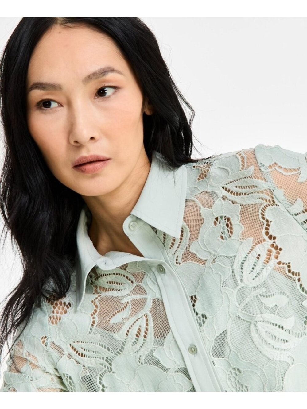 Anne Klein Women s Collared Floral-Lace Button-Front Shir Green Size S $89 - Picture 4 of 4